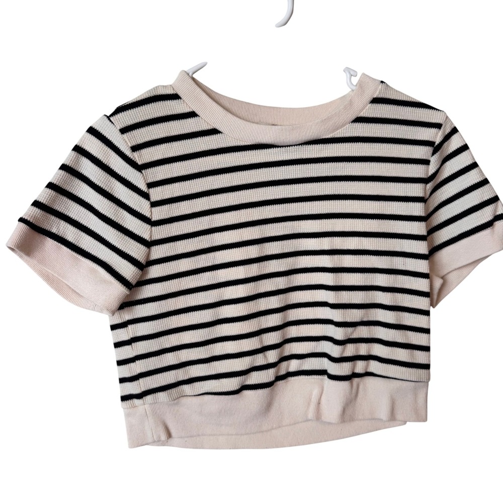 Atelier by Kirious Womens XL Striped Ribbed Short Sleeve Crop Top Cream Black